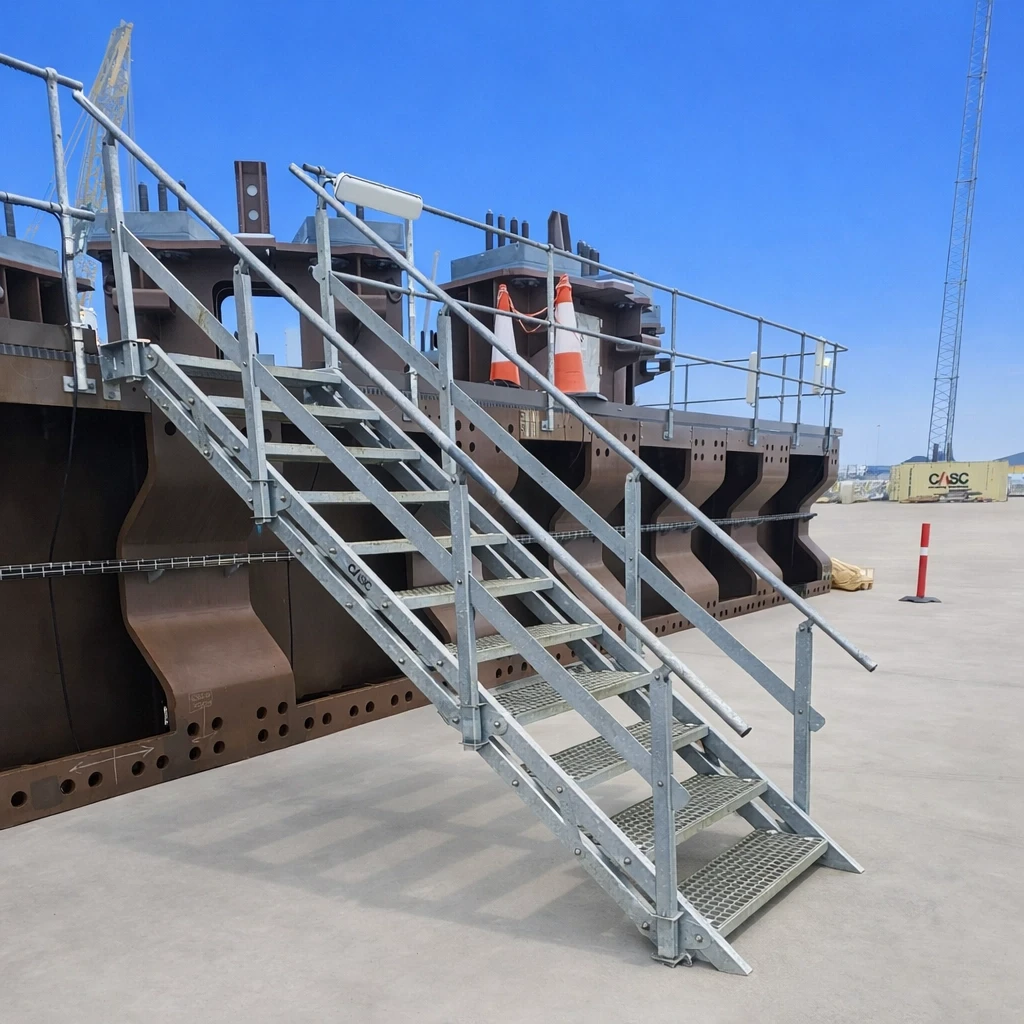 Image of an adjustable moveable stairs leabing up against a large platform