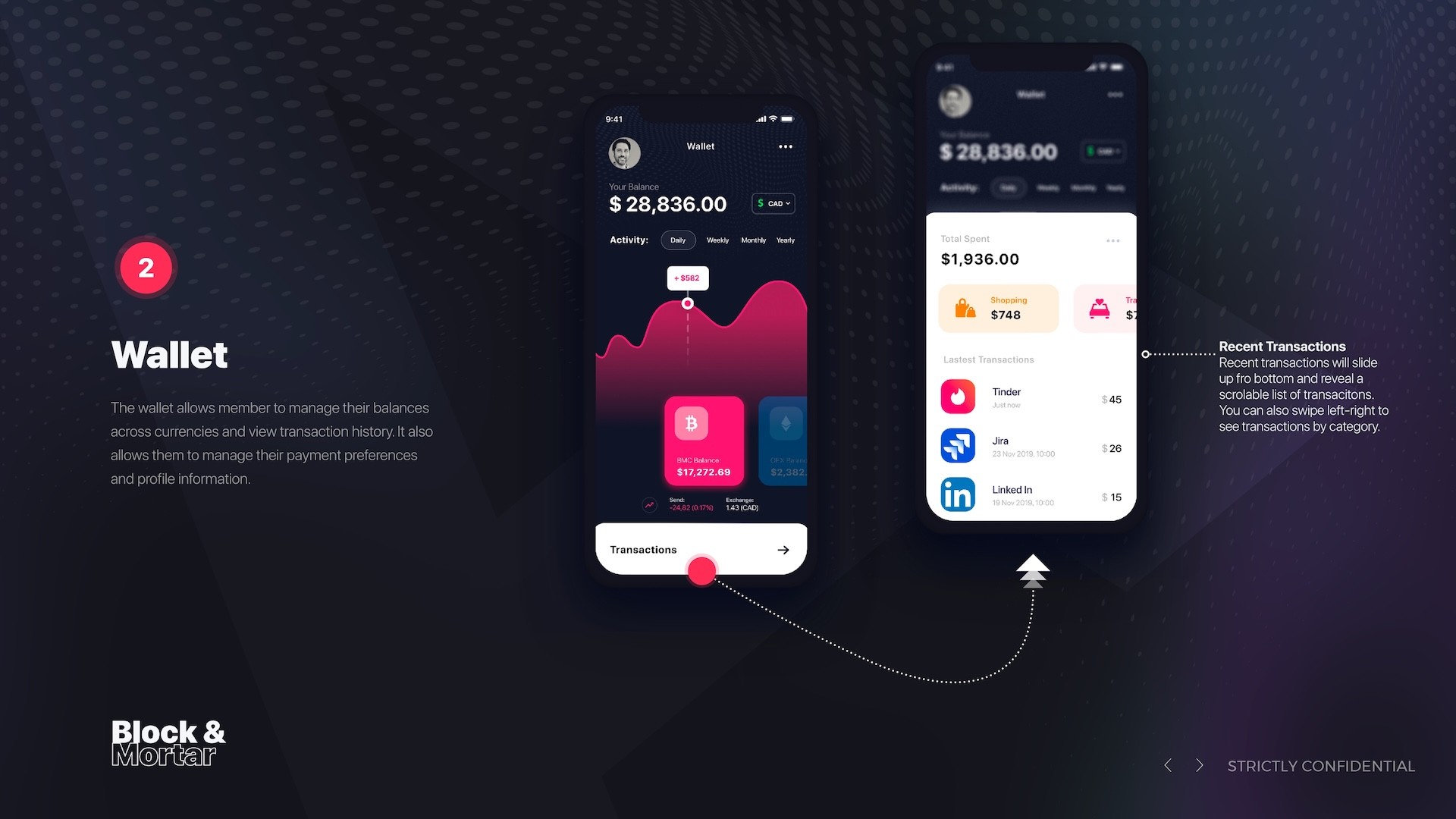 Block & Mortar cryptocurrency wallet screen UX design displaying $28,836 balance with pink activity graph, Bitcoin and Ethereum currency cards showing individual balances, transaction history panel with Tinder, Jira, and LinkedIn purchases on dark gradient interface