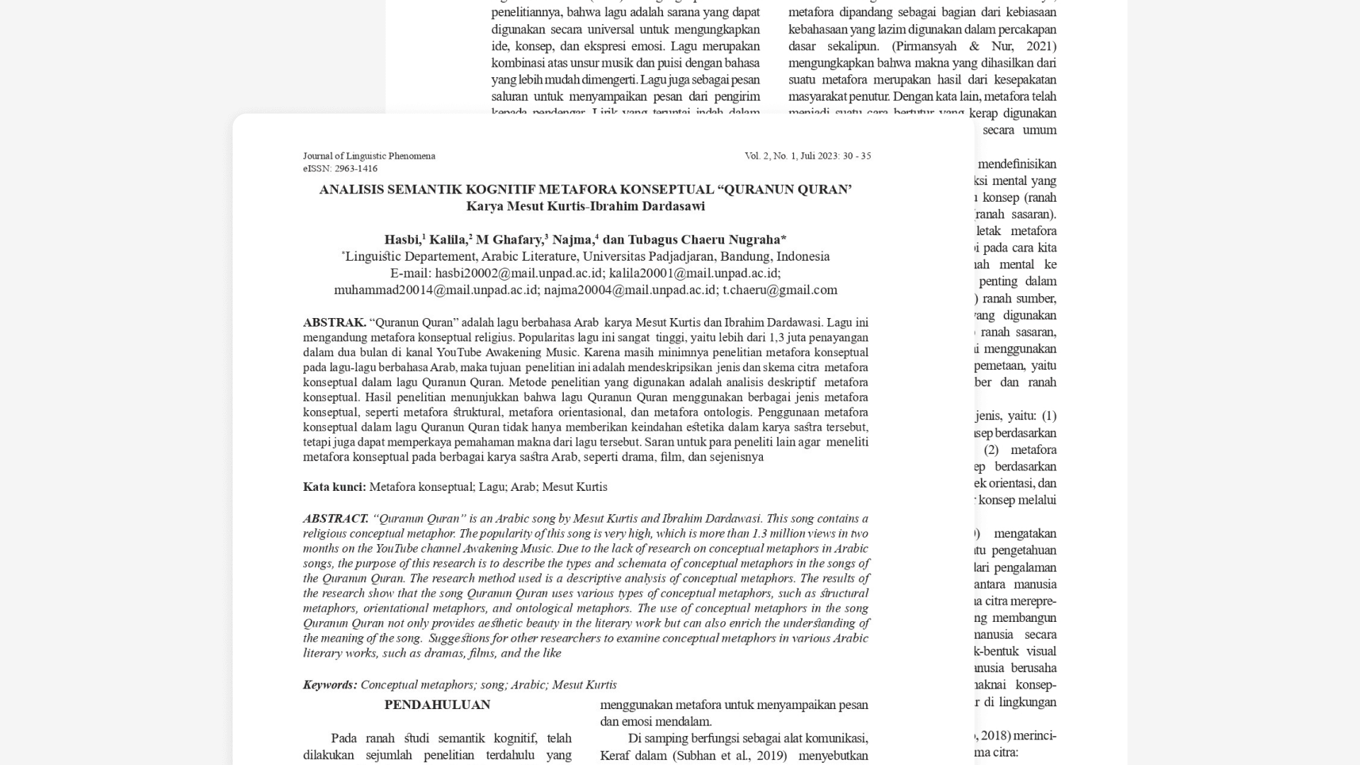 A scholarly article titled "Analisis Semantik Kognitif Metafora Konseptual 'Quranun Quran'" is displayed. It includes abstract, keywords, and author details. The focus is on Arabic song metaphors and semantic analysis. Text is in Indonesian, creating an academic and informative tone.