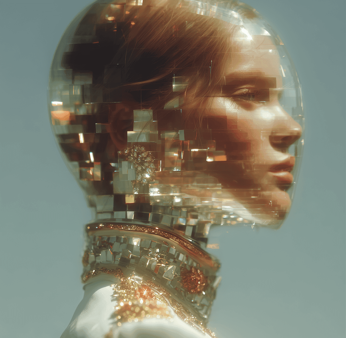 A woman with a head made of mirrors, reflecting light and creating a kaleidoscopic effect around her.