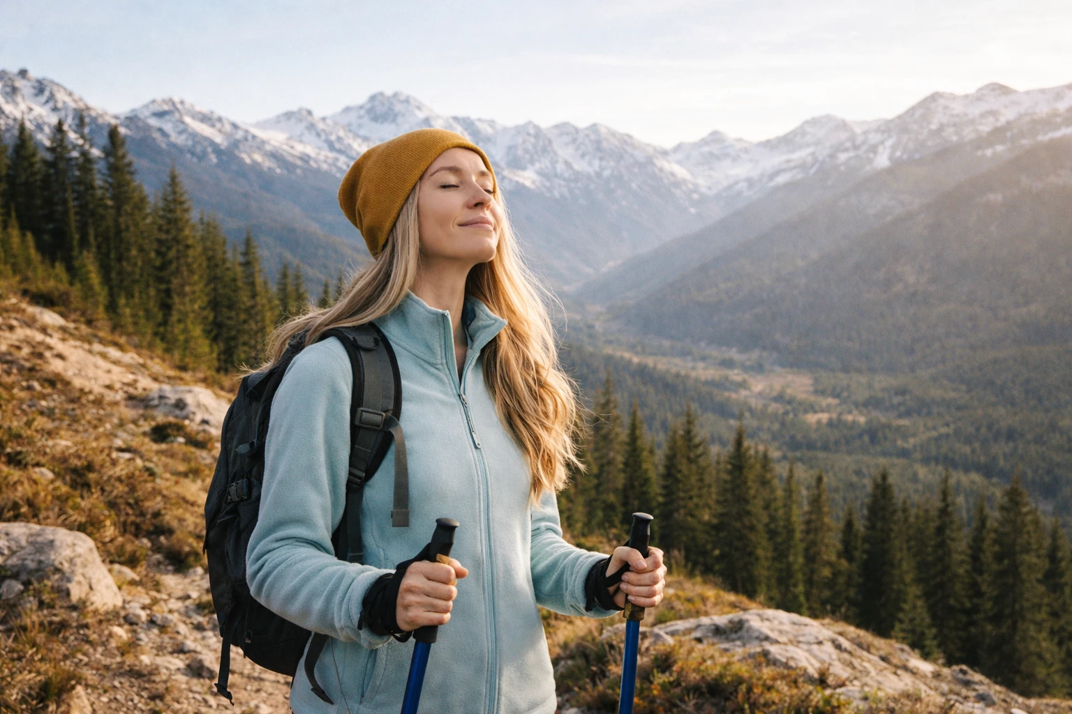 Neura Health Young woman hiking in the mountains with trekking poles