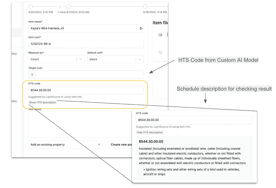 AI Tariff Tracker on the item record. The HTS code field shows the AI-suggested classification (8544.30.00.00 in this example, for an automotive wire harness), labeled "Suggested by LightSource AI using item info." A "Show HTS description" toggle expands to display the official HTSUS legal text -- "Insulated wire and cable... ignition wiring sets and other wiring sets of a kind used in vehicles, aircraft or ships" -- so a buyer or compliance reviewer can verify the suggestion against the schedule itself.