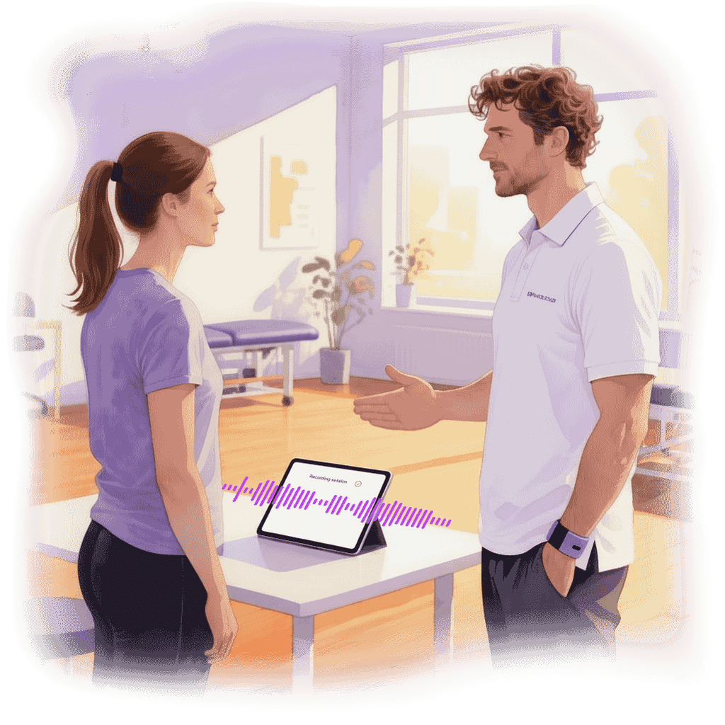 A physiotherapist is talking to his patient, helping her, and recording the session in the background. He is running a laptop, taking notes, and creating AI documents, treatment plans, and summaries.
