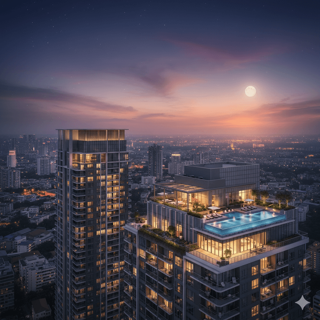 Luxury rooftop infinity pool and high-rise apartments at Noida Expressway