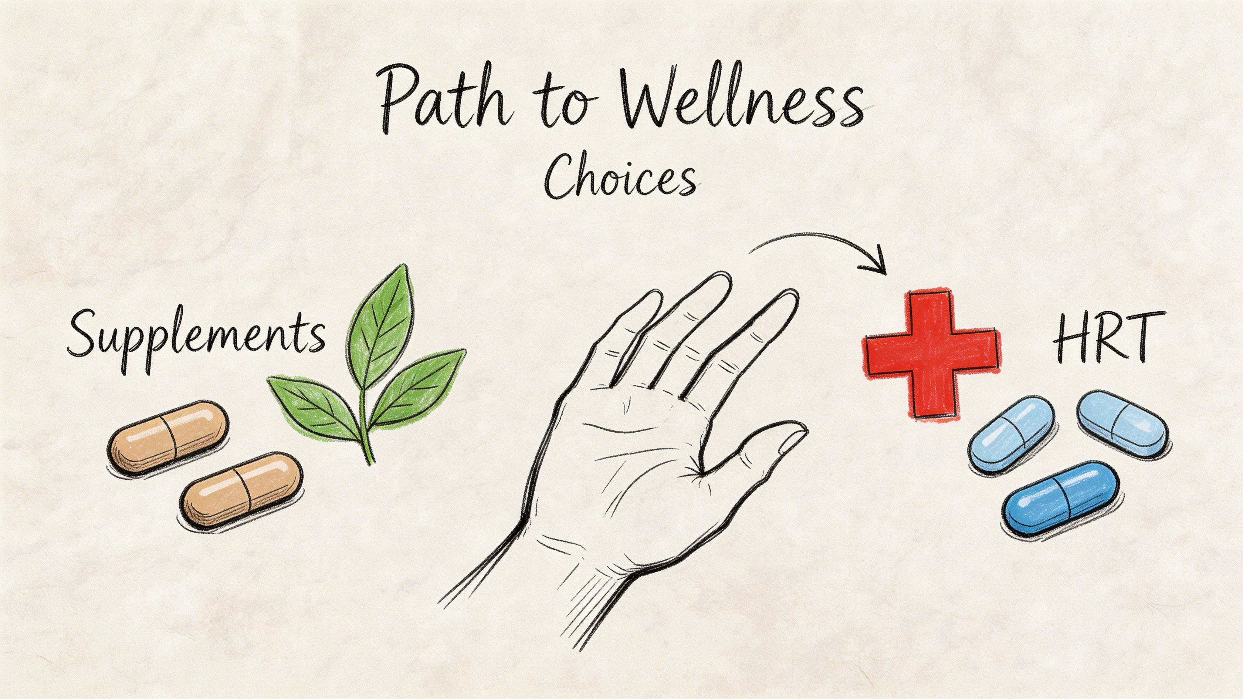 A hand selecting between herbal supplements and medical hormone replacement therapy for wellness choices.