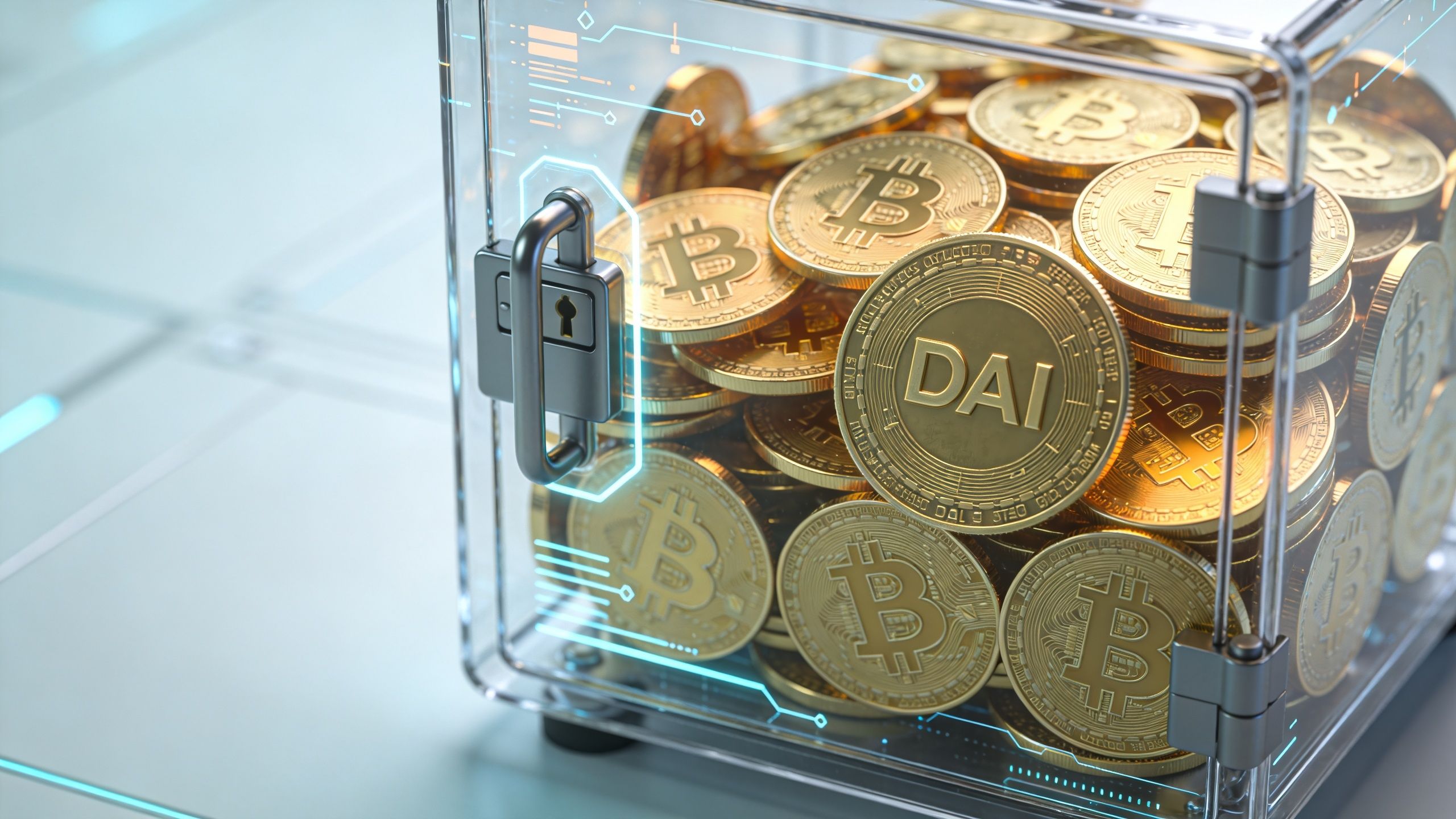 A transparent glass vault filled with golden Bitcoin and Dai cryptocurrency coins on a tech background.