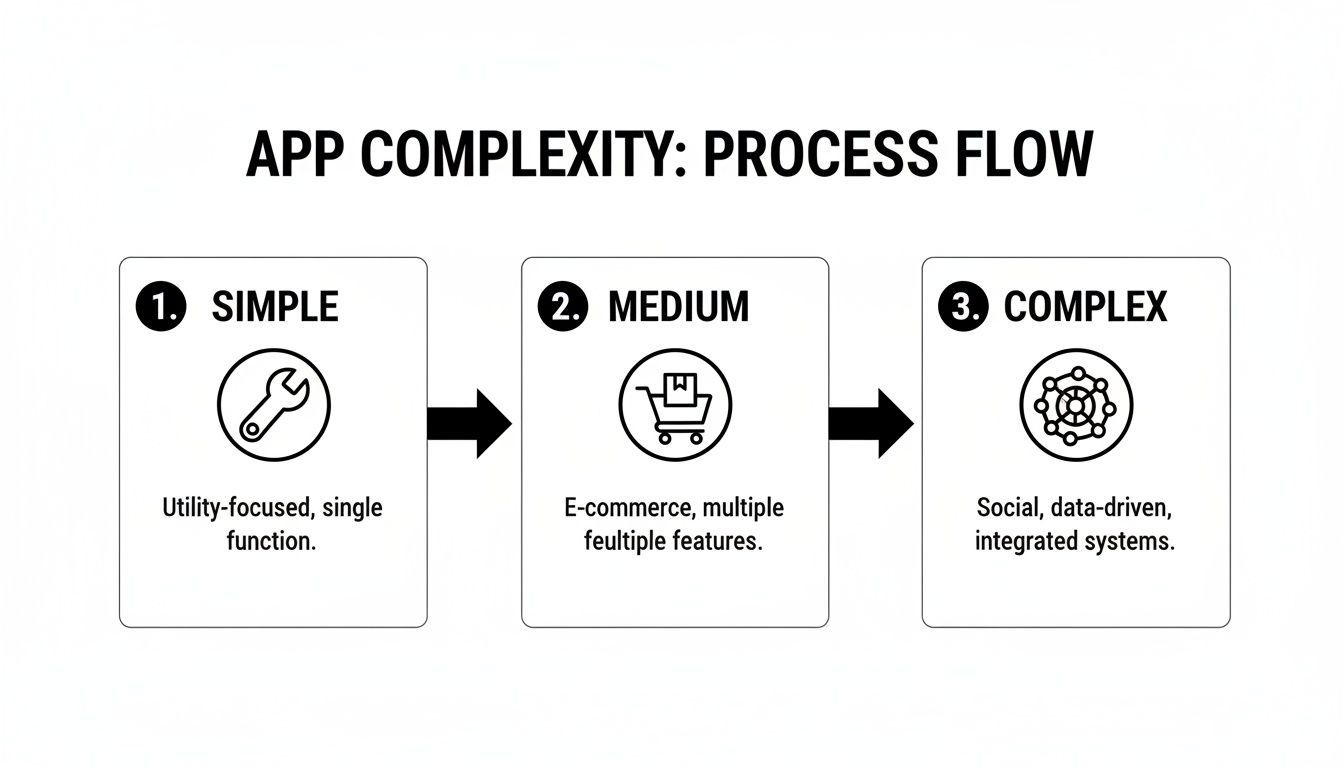 A process flow diagram illustrating app complexity from simple utility apps to complex social, data-driven integrated systems.