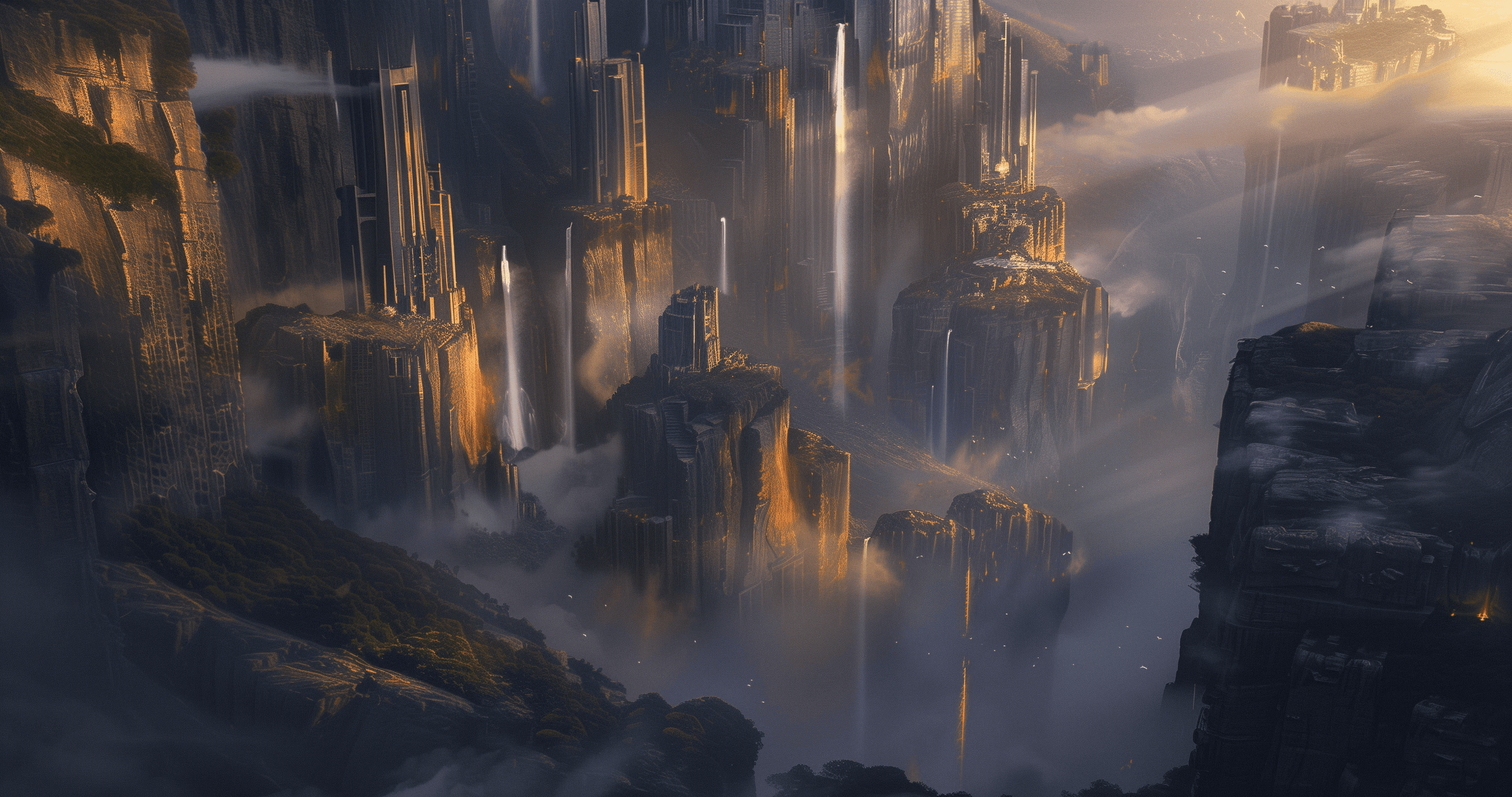A dramatic landscape featuring towering cliffs, cascading waterfalls, and a misty atmosphere at dusk.
