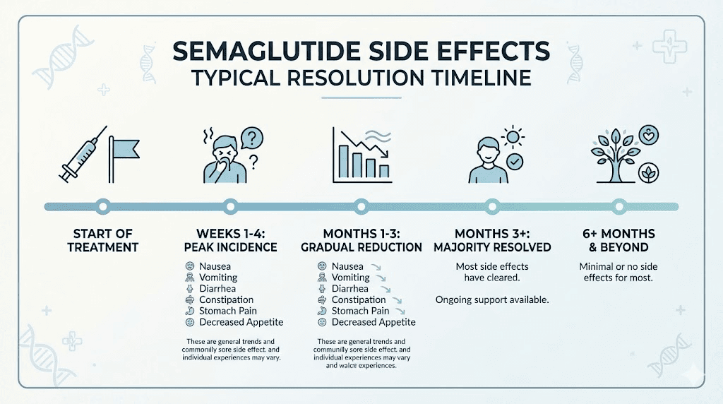 Semaglutide side effects timeline showing when common symptoms resolve