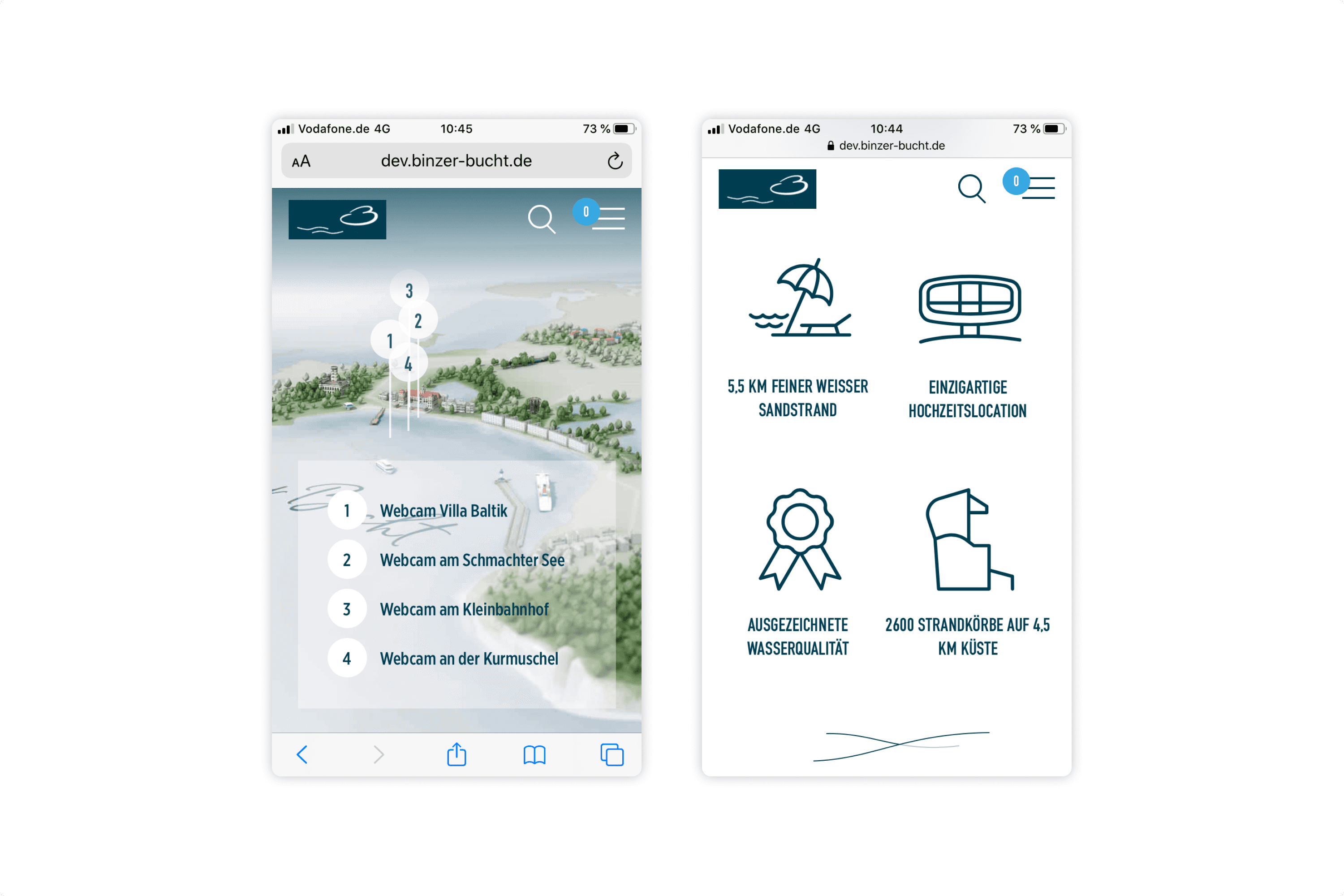 Two phone screens showing a website about a beach.