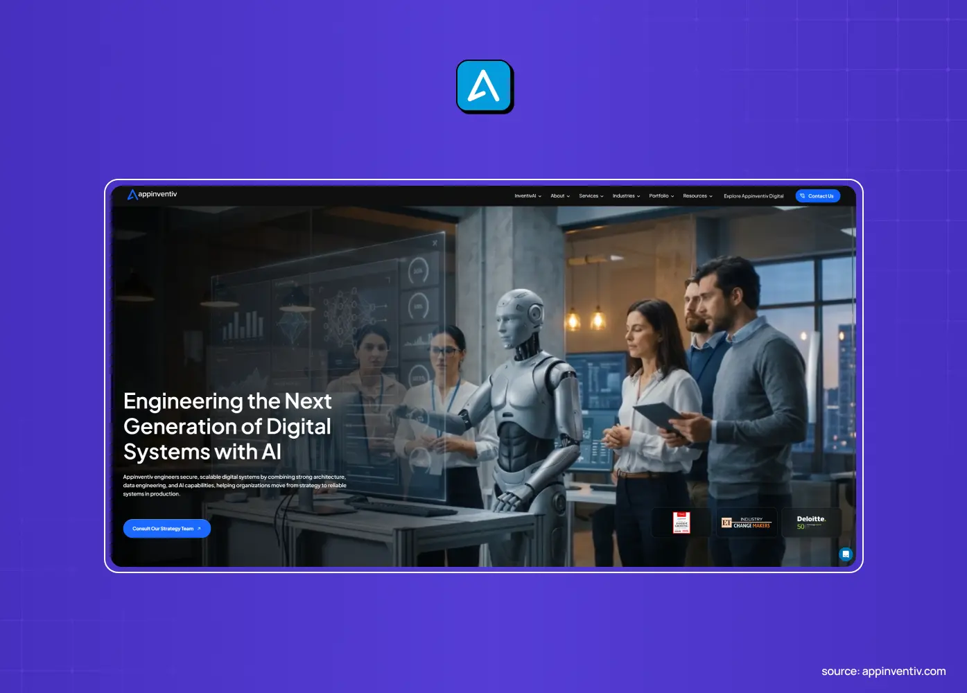 AI-focused digital systems agency homepage featuring a futuristic humanoid robot alongside professionals in a technology-focused workspace. 