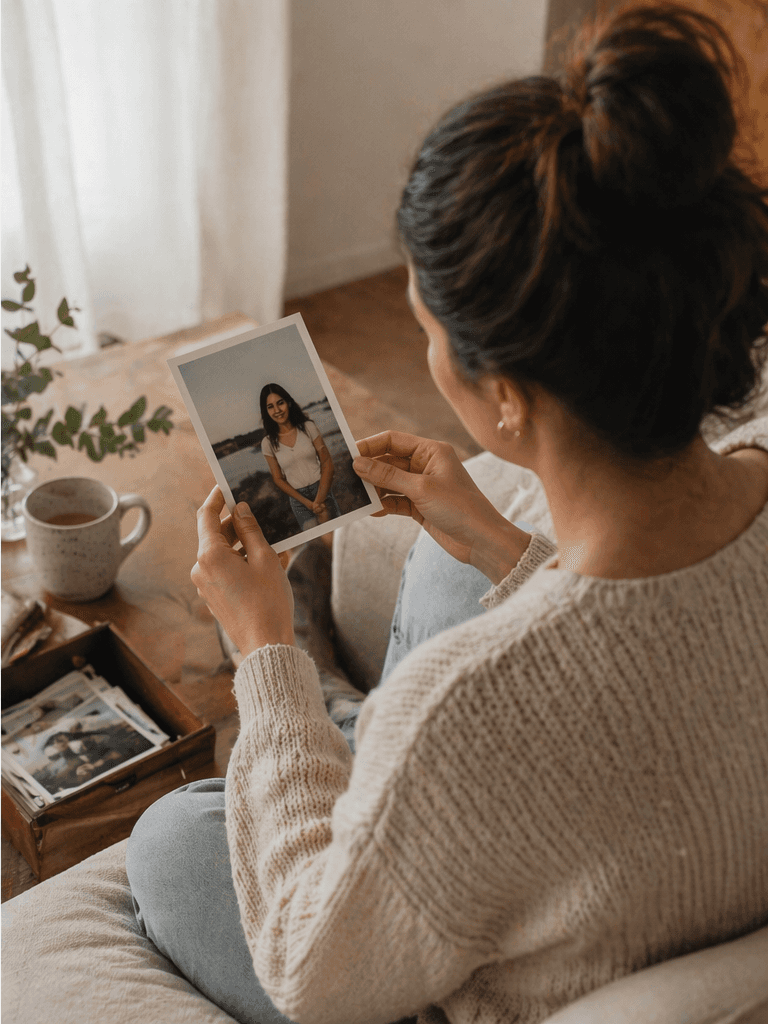 mujer viendo fotos antiguas en su celular con expresión de sorpresa positiva