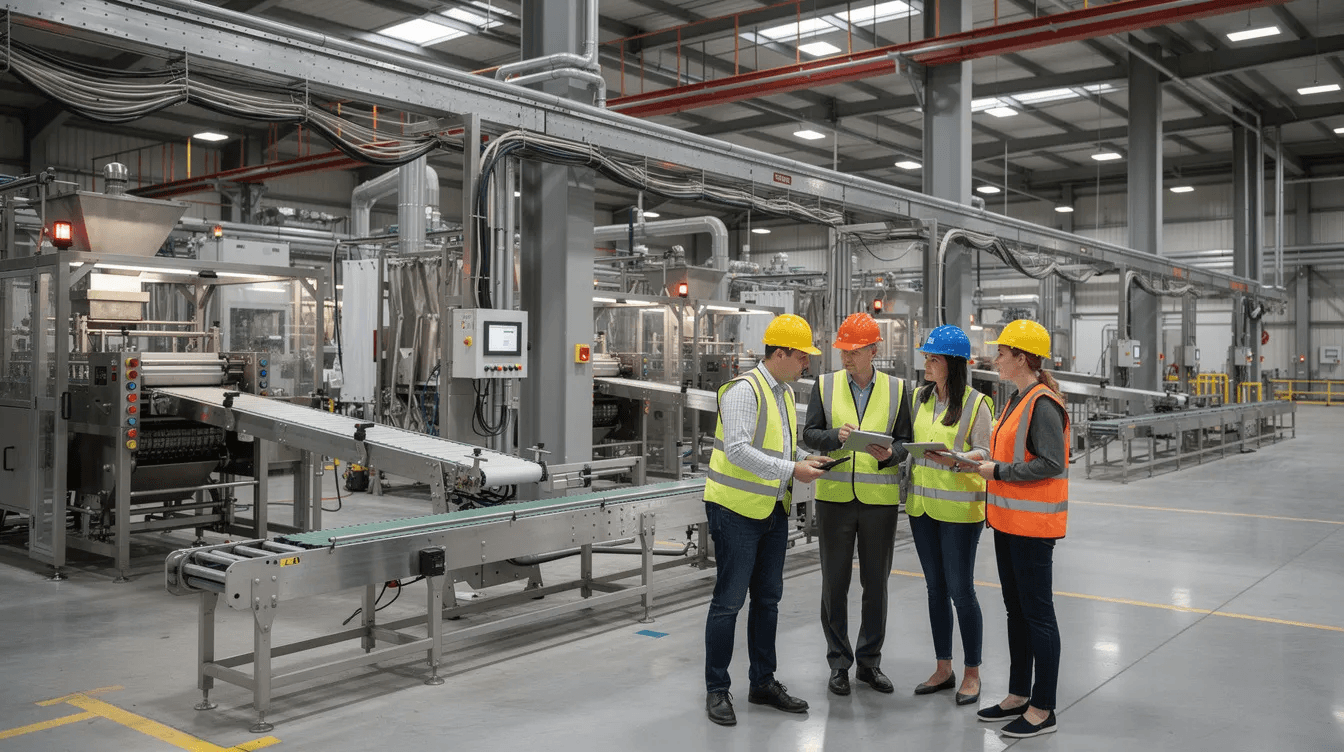 A group of engineers wearing hard hats is closely examining heavy industrial equipment within a large facility, surrounded by intricate conveyor systems. This scene highlights the importance of operational efficiency and the potential benefits of digital twin technology in optimising complex systems and enhancing manufacturing processes.