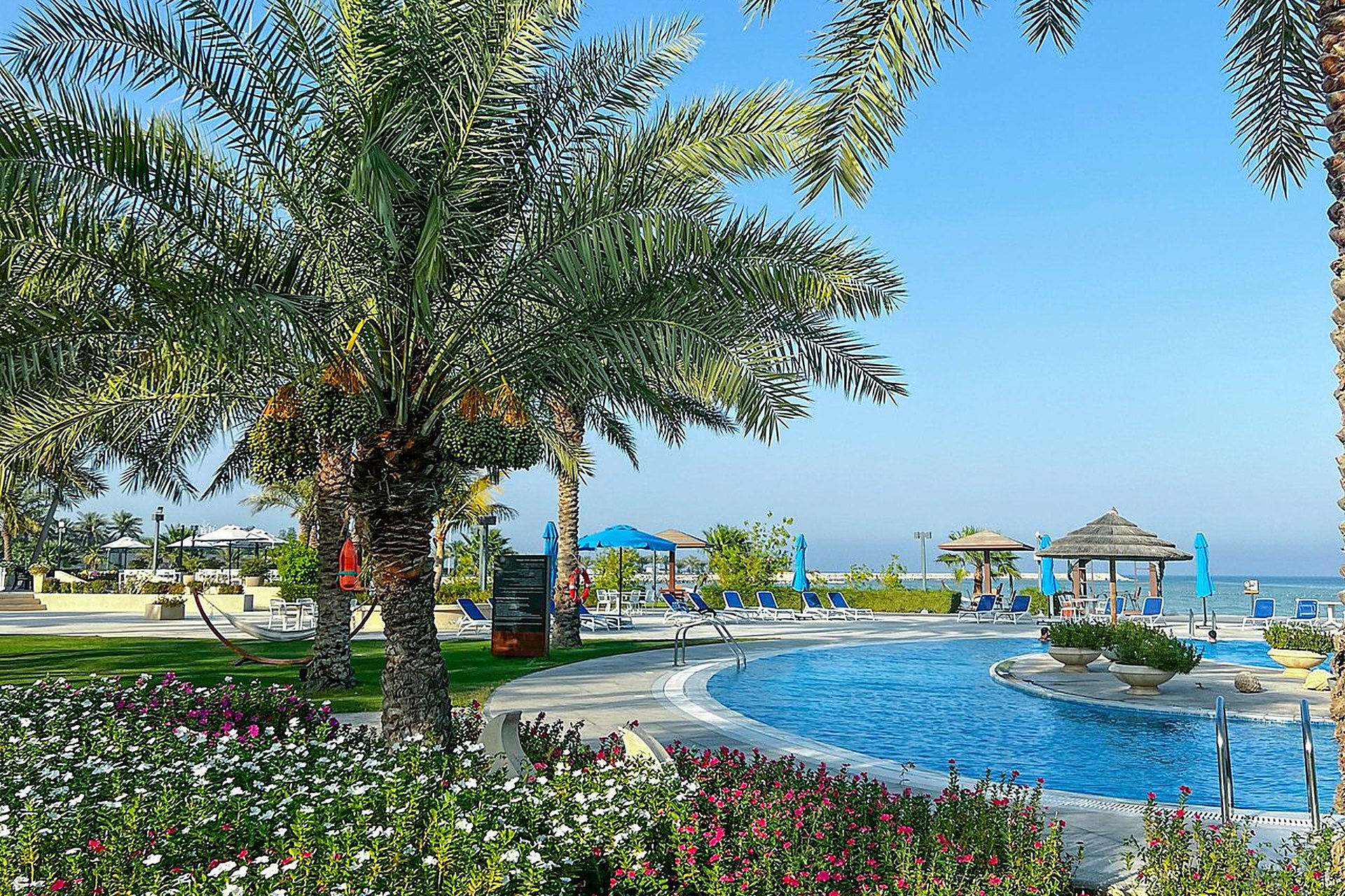 Une piscine bordée de palmiers et de fleurs face à la mer, à Simaisma, au nord de Doha, pour un week-end en famille au Qatar