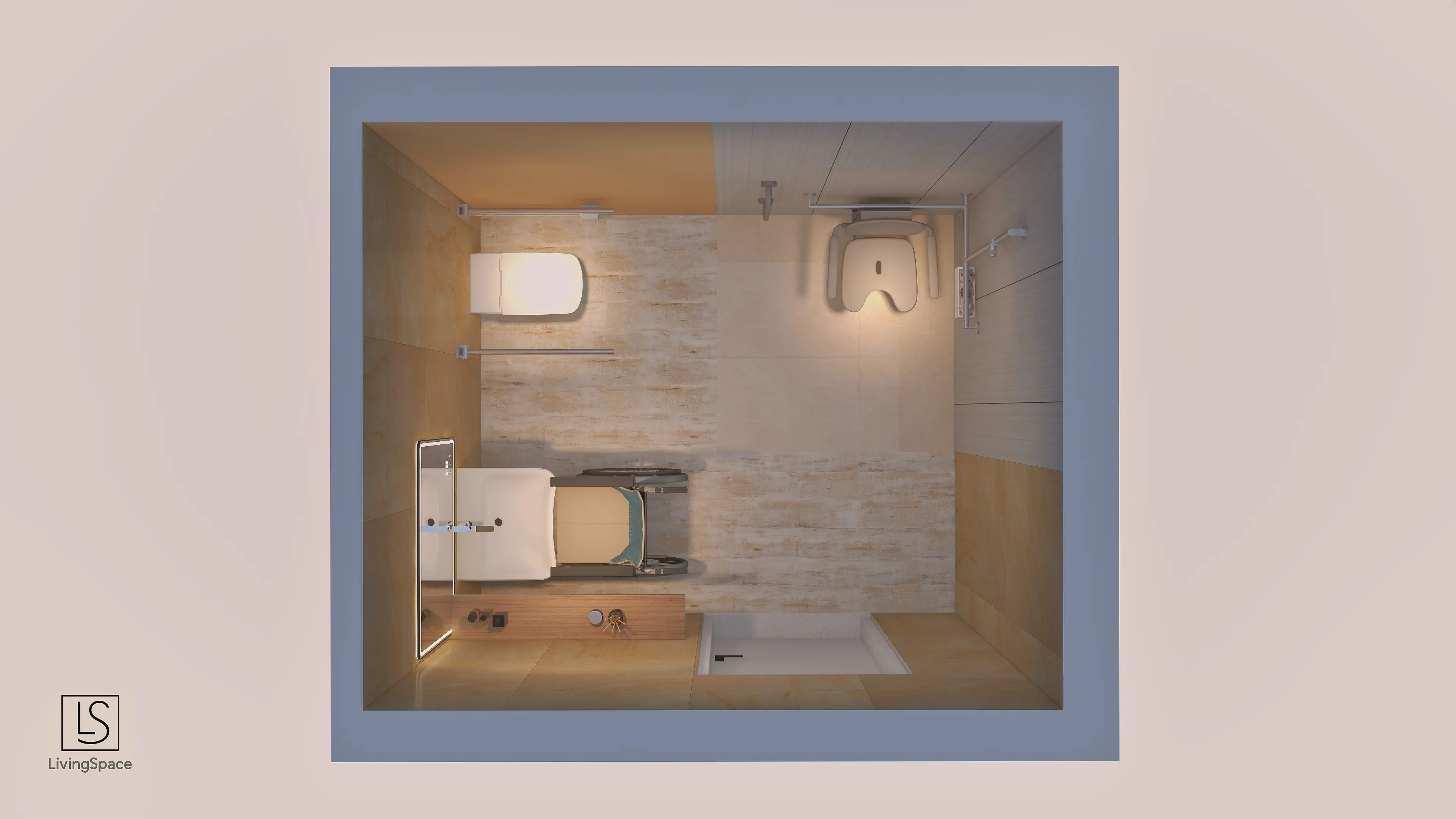 Draufsicht auf ein kleines Badezimmer mit Dusche, Toilette, Waschbecken und beigen Wand- und Bodenflächen.