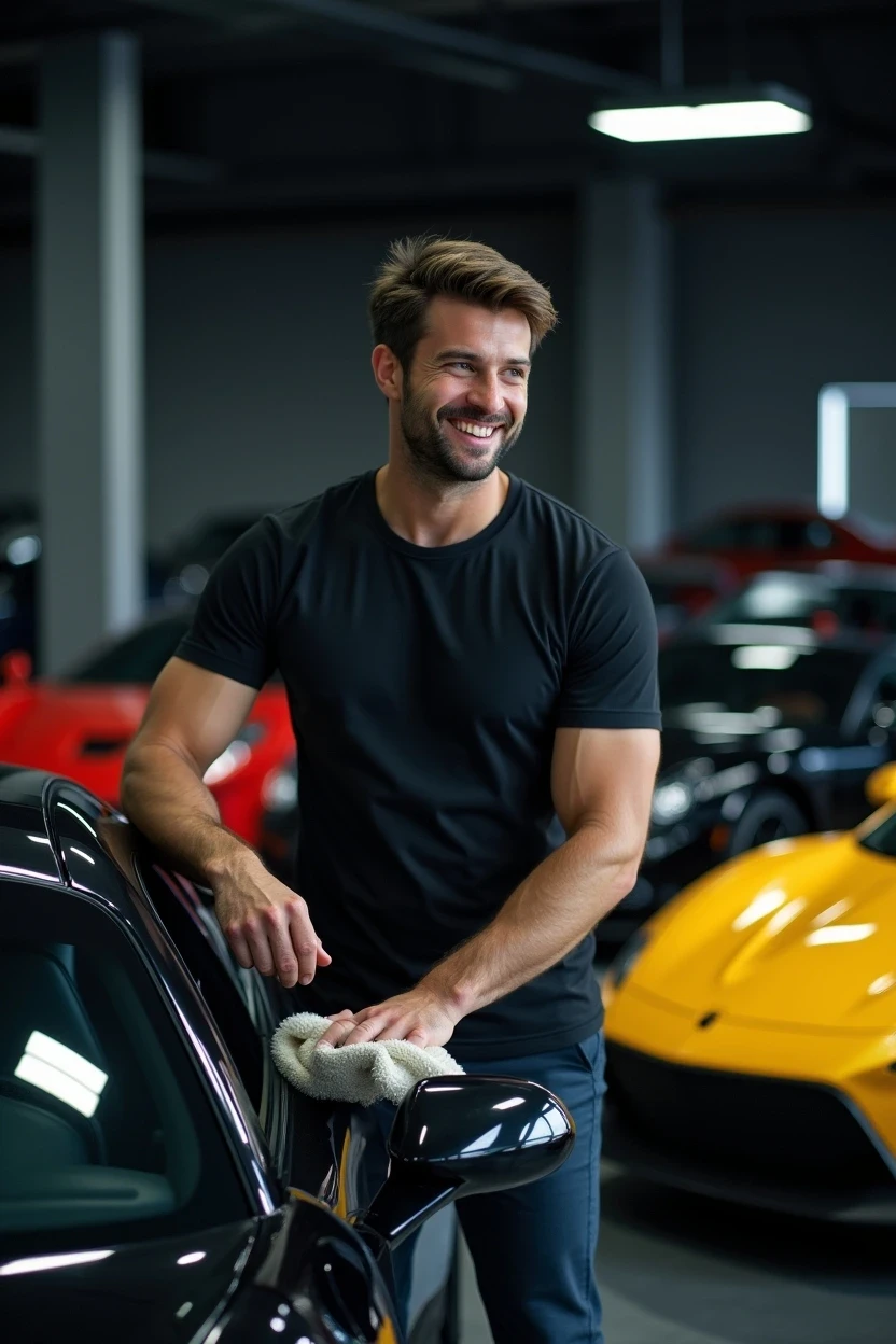 Two people in a workshop, one standing and smiling while the other leans over a car, working on it.