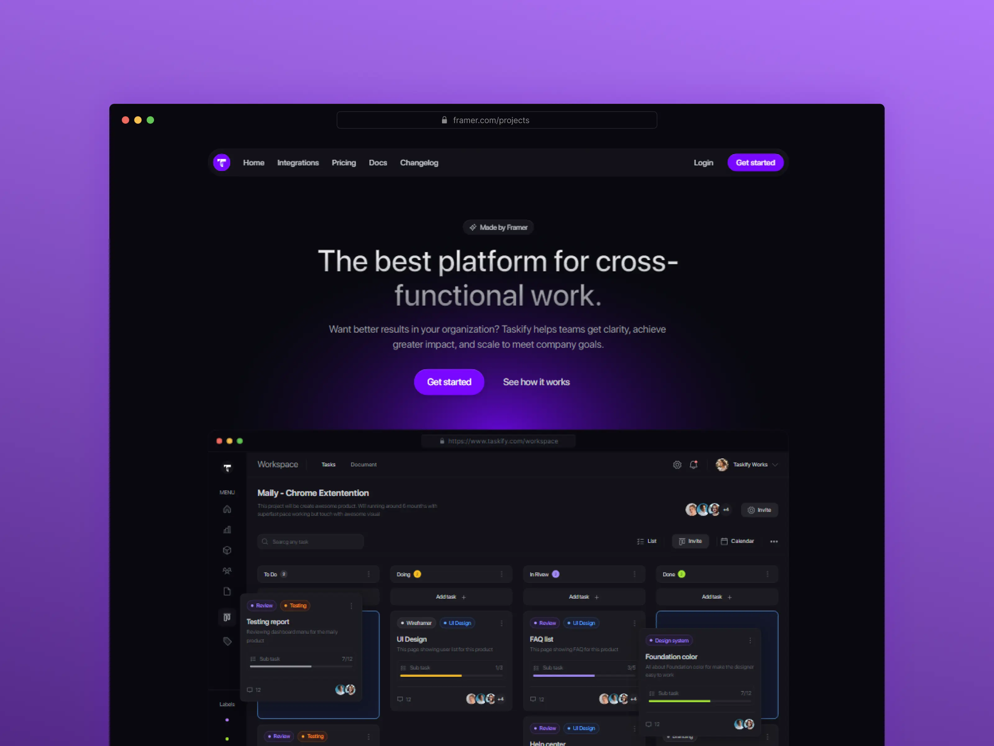 Taskify Framer template homepage with dark UI for team collaboration, task tracking, and project management