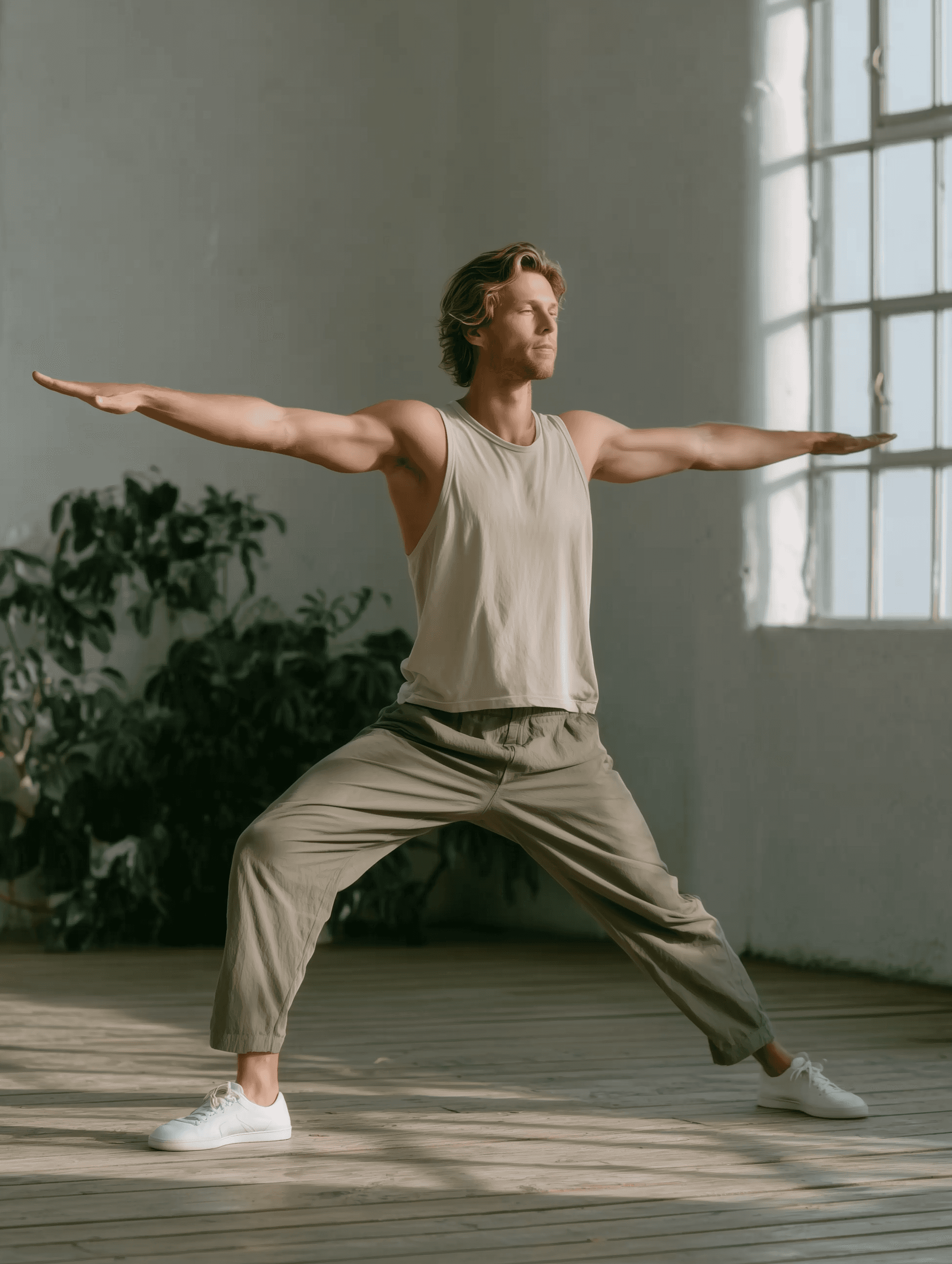 Man in motion during a yoga session in a light-filled modern room with large windows, wood floors, greenery visible outside