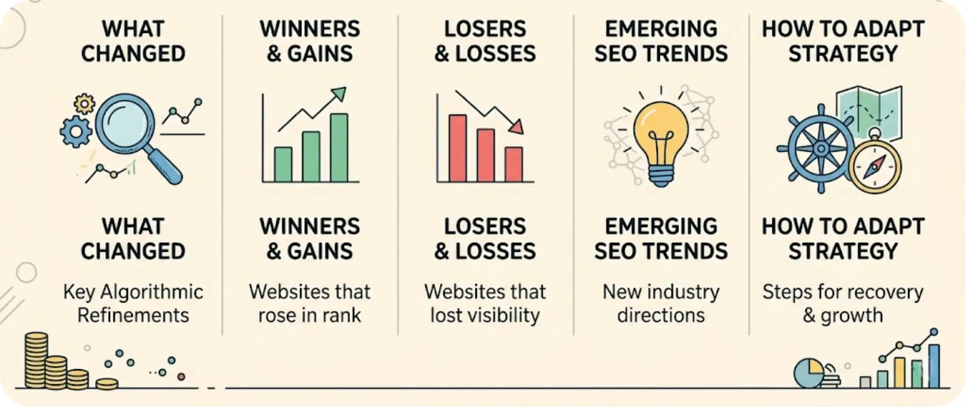 Illustration showing Google core update changes including ranking winners, losers, emerging SEO trends, and adaptation strategies.