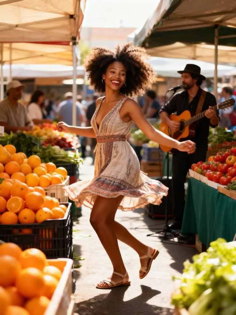 Black woman dancing at market with sunlight, Luma AI Dream Machine motion.