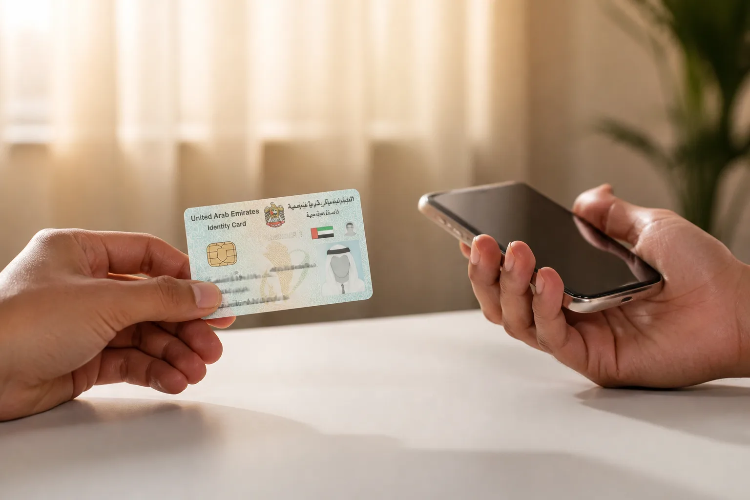 Emirates ID card with a replacement arrow beside a mobile reporting app screen