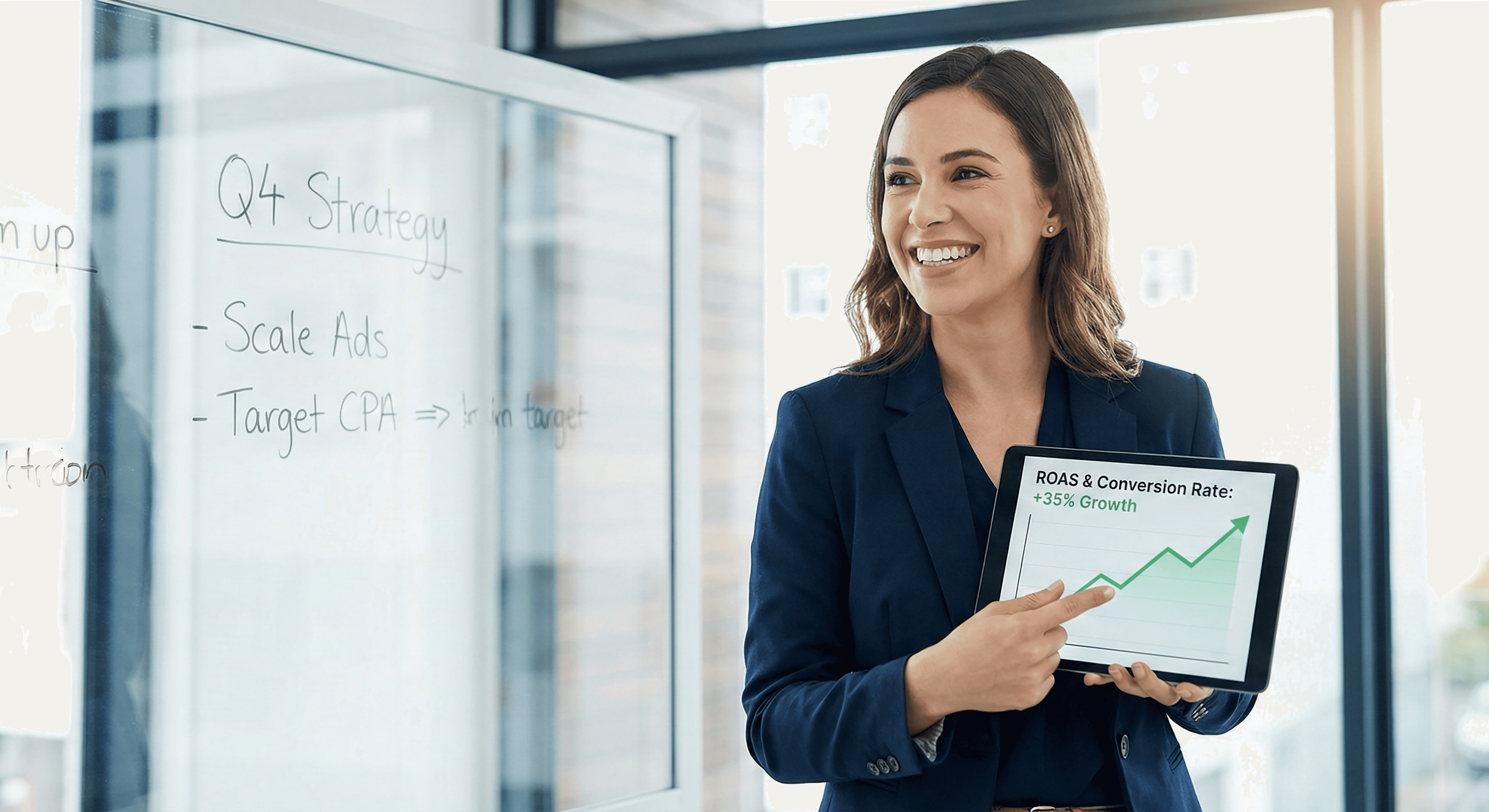 business owner analyzing improved conversion rate for Facebook ads on tablet