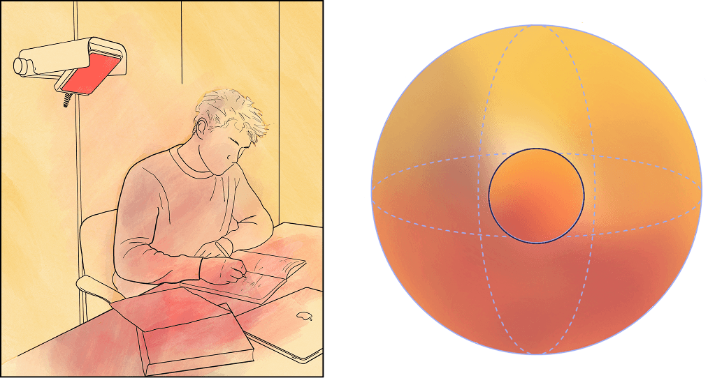 Participant with a directional speaker and diagram of a bounded listening field