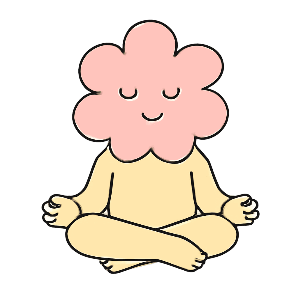 Flowerhead, the Flowgenix mascot, sitting cross-legged and meditating with a calm, content expression.