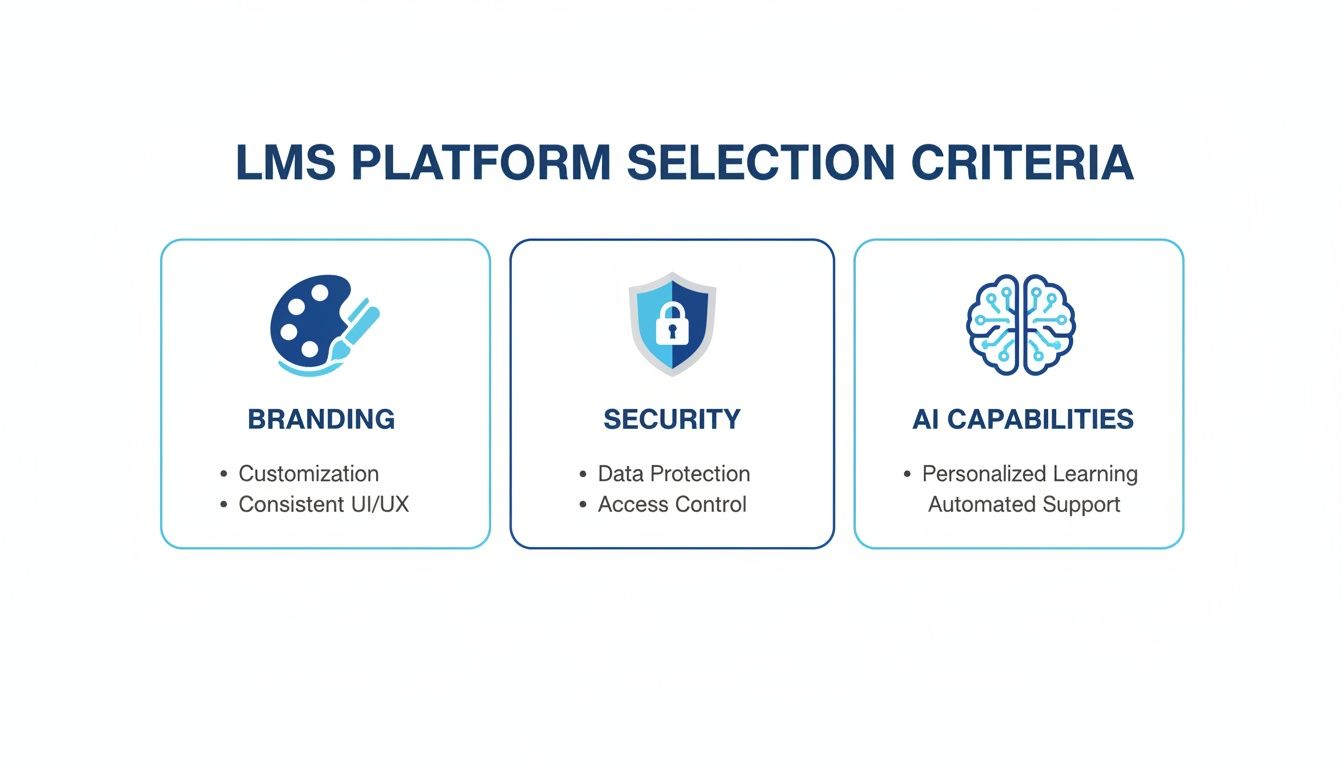 Infographic showing LMS platform selection criteria: Branding, Security, and AI Capabilities.