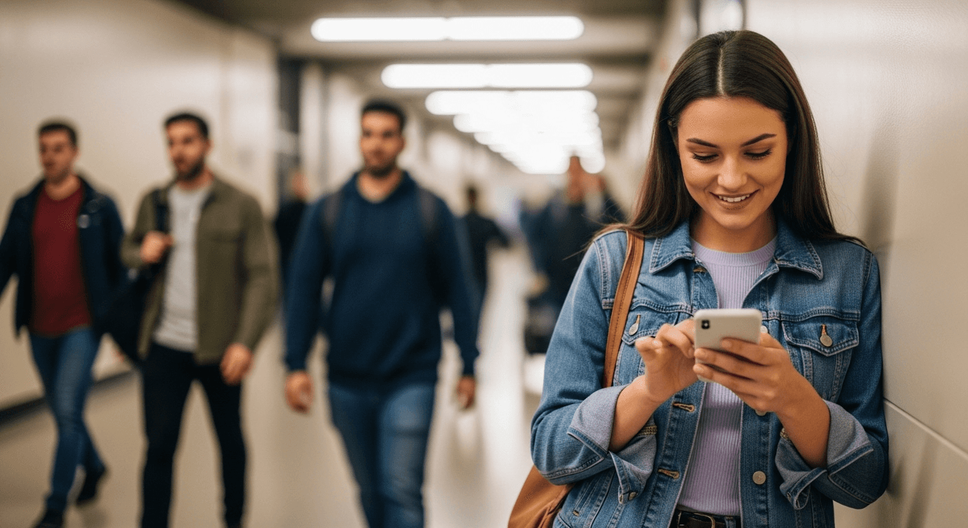 A young woman leaning against a wall smiling while sending texts to coordinate plans with friends