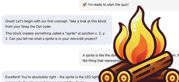 Image showing chat interface of Flint with a campfire illustration in front of it