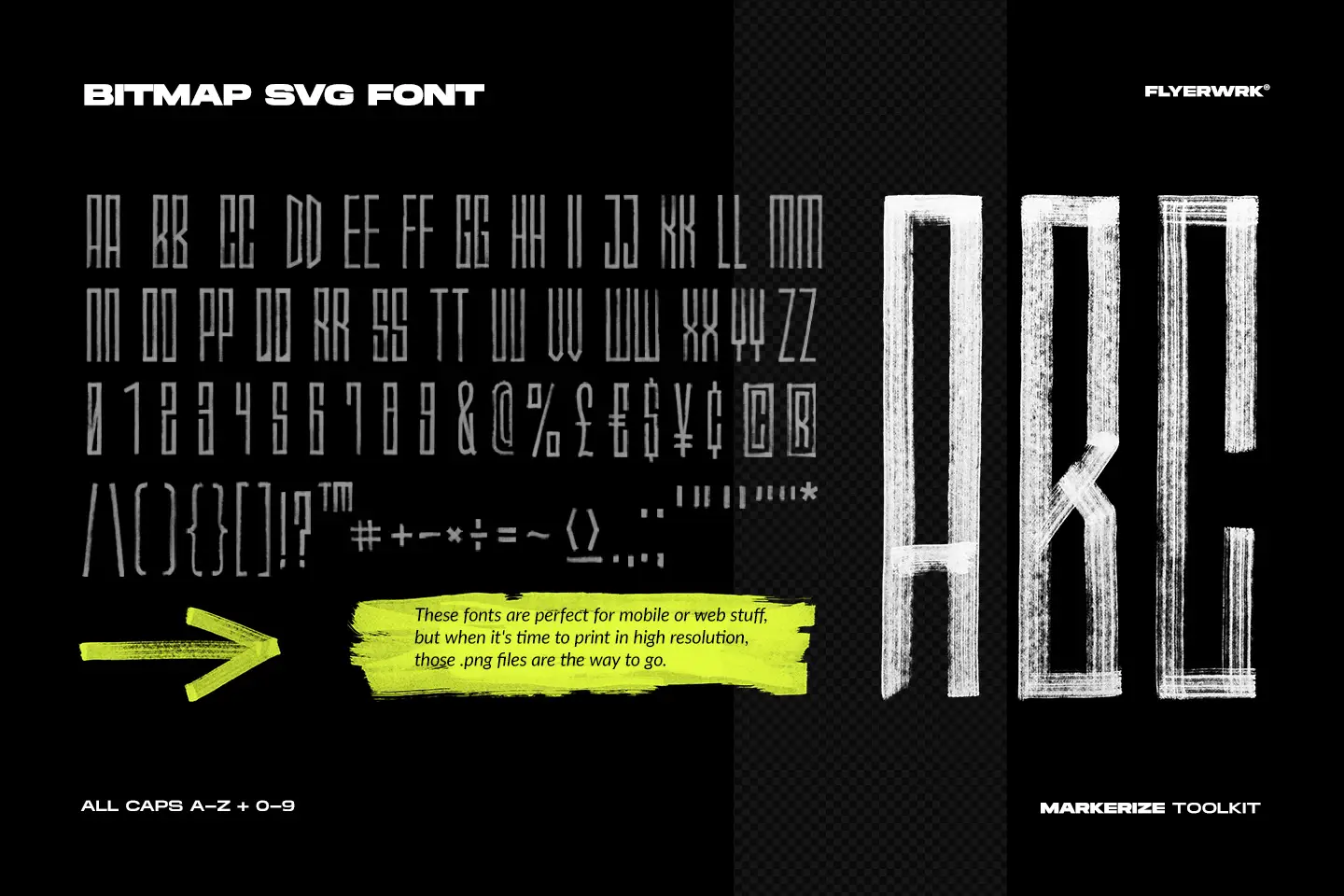 Markerize bitmap SVG font featuring a full hand drawn alphabet and number character set