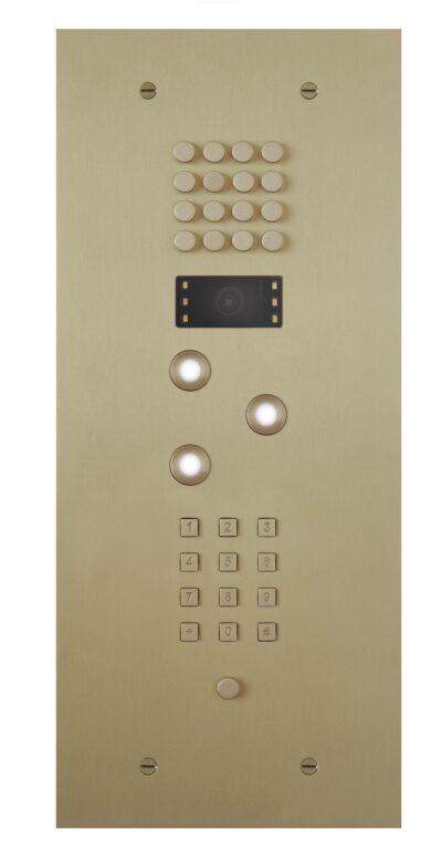Black smart home device with screen showing time and temp