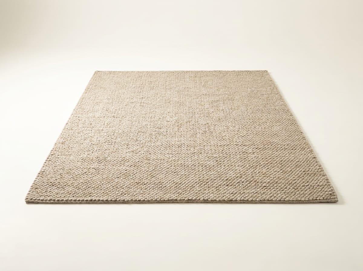 Großer Wollteppich in Naturbeige mit grober Struktur vor hellem Hintergrund