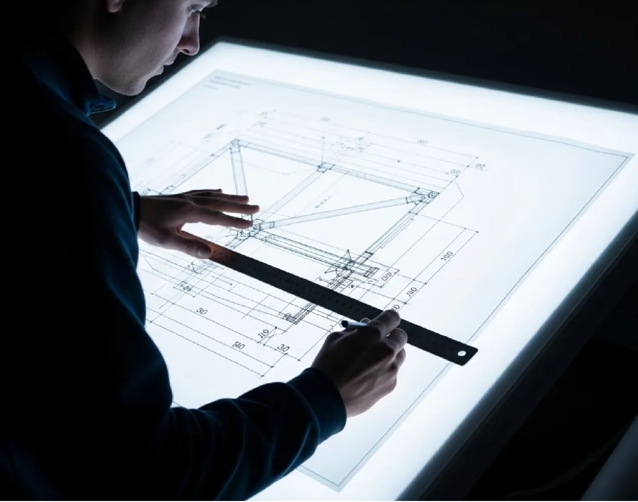 Engineer measuring structural steel drawing on light table for precise fabrication and dimensional control