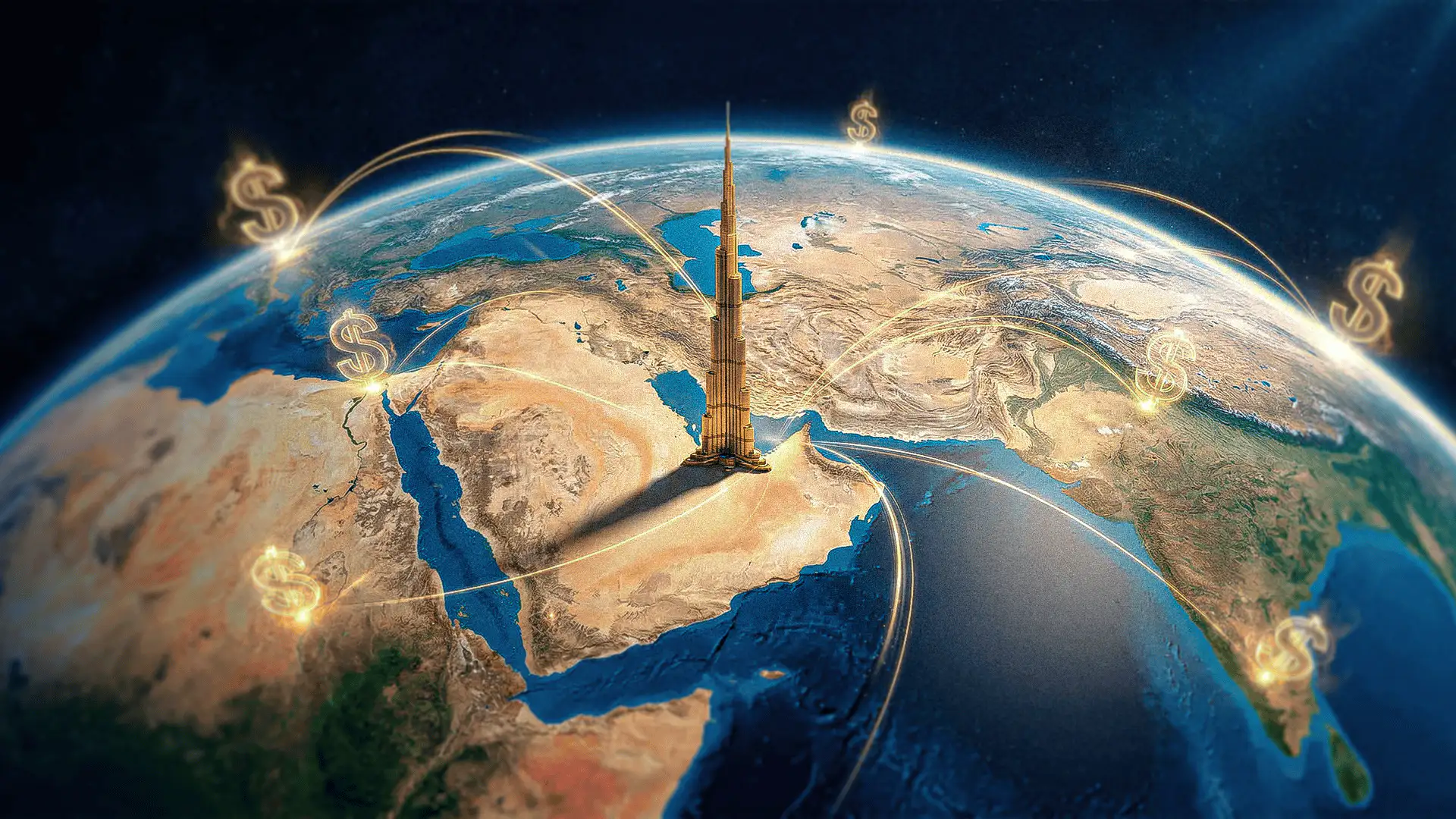 Dubai como hub financiero global representado sobre el planeta Tierra con conexiones económicas internacionales y el Burj Khalifa.