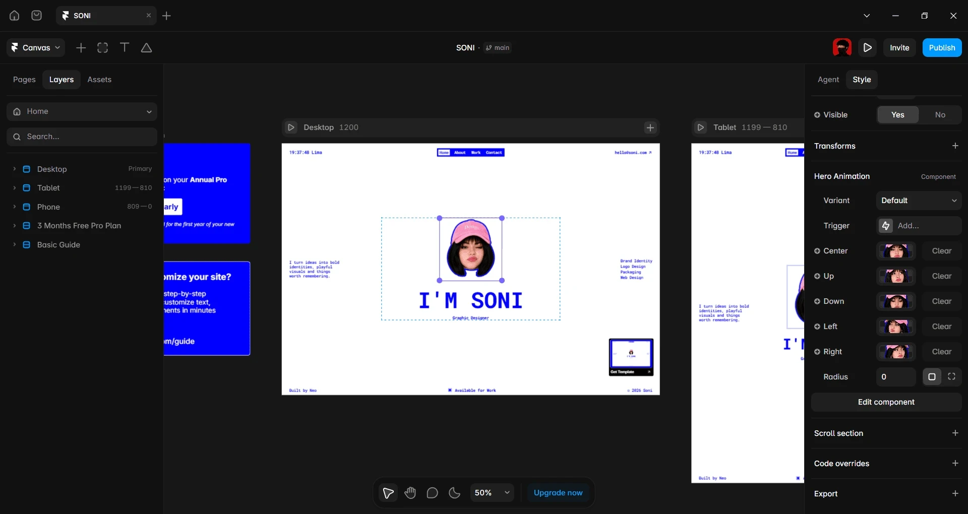 SONI Framer component selected with customizable animation and style controls