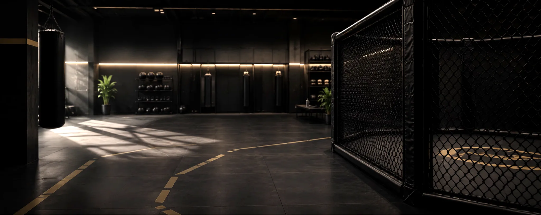 Modernes dunkles MMA-Gym mit Trainingsfläche, Boxsack und Cage als breites Hintergrundbild für Website-Sections.