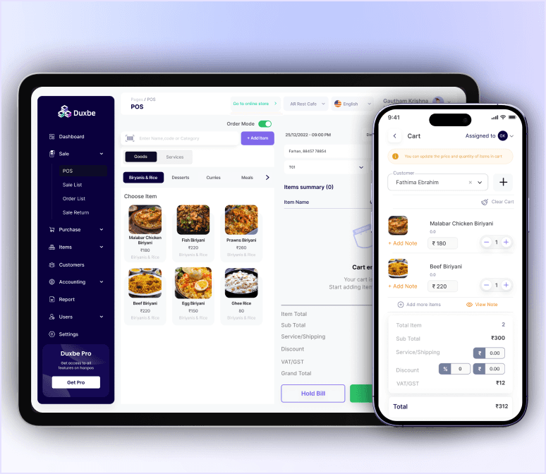 llustration of an ERP restaurant management system showing seamless mobile and tablet support