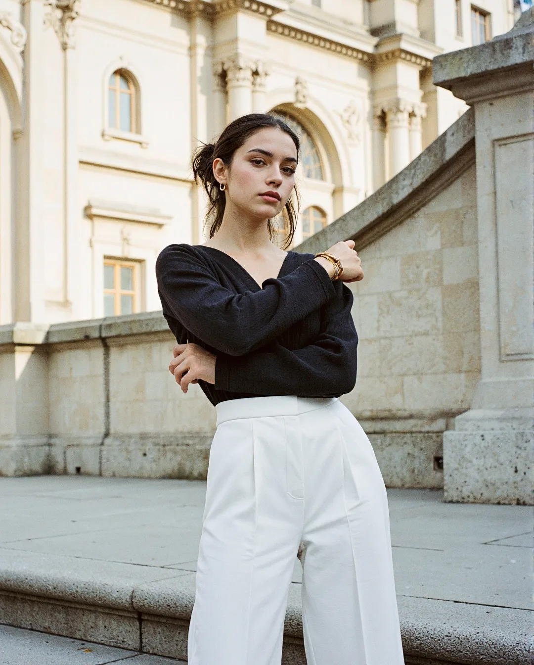 Woman in black top and white pants posing confidently in front of elegant historic building architecture