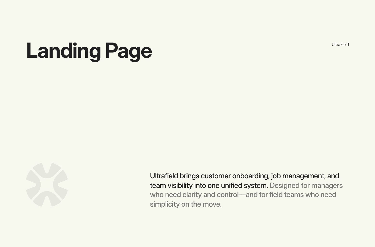 UltraField landing page case study section describing unified field management and customer onboarding system