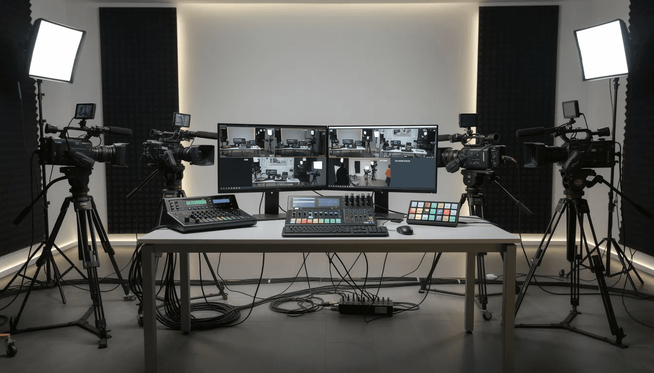 Un studio de streaming professionnel est présenté, avec plusieurs caméras et des moniteurs de contrôle, illustrant l'équipement essentiel pour la production audiovisuelle. Ce setup sophistiqué est idéal pour les vidéastes professionnels souhaitant capturer des événements en haute qualité et partager des moments mémorables sur les réseaux sociaux.