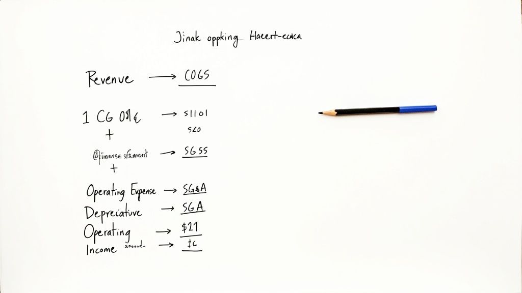 Handwritten notes on a white page detail financial calculations for revenue, operating expenses, and income, with a pencil nearby.