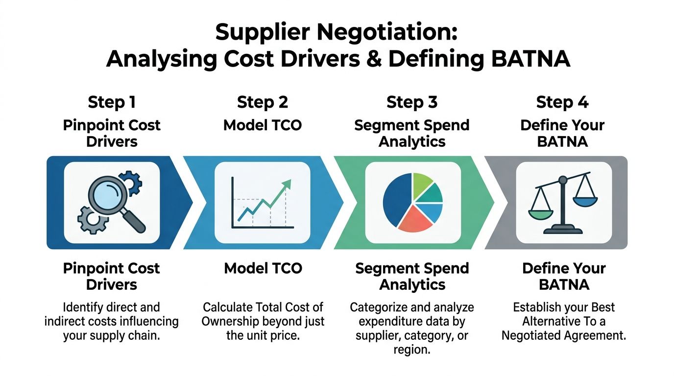 A four-step infographic illustrating the supplier negotiation process including cost drivers, TCO, spend analytics, and BATNA.