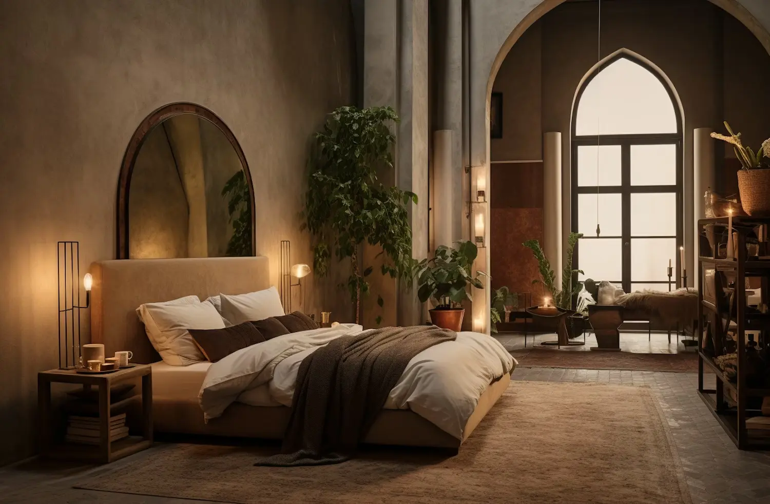 Cozy boho bedroom with plants and arched window.