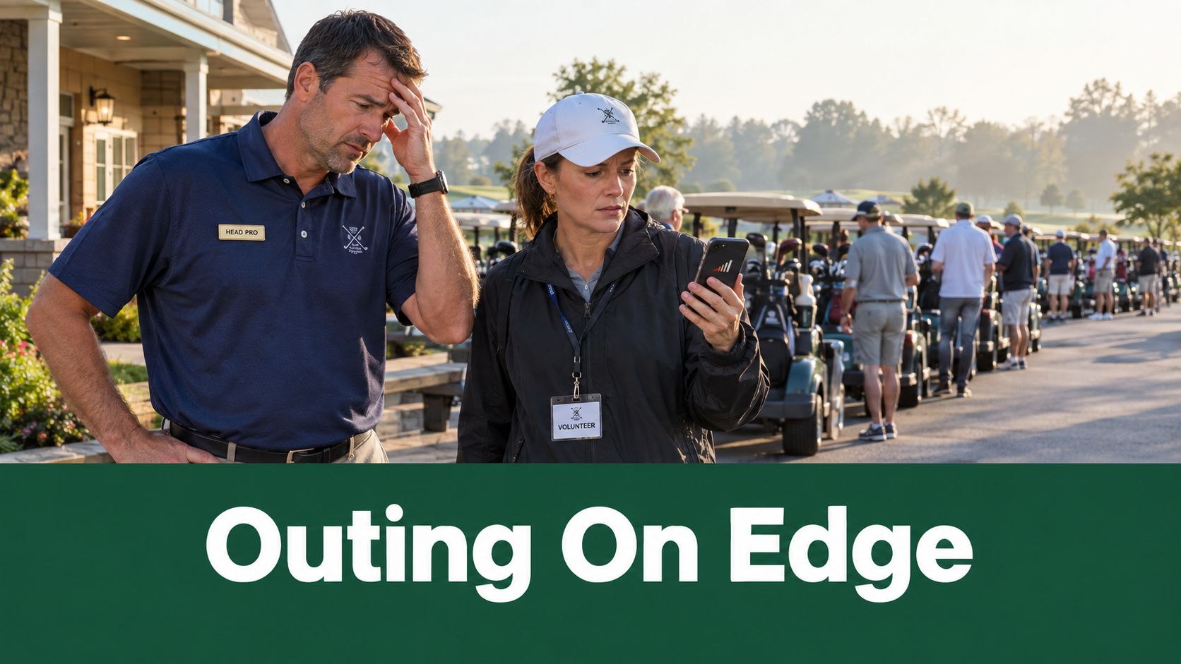A distressed Head Pro and a volunteer looking at a mobile phone app at a golf course.