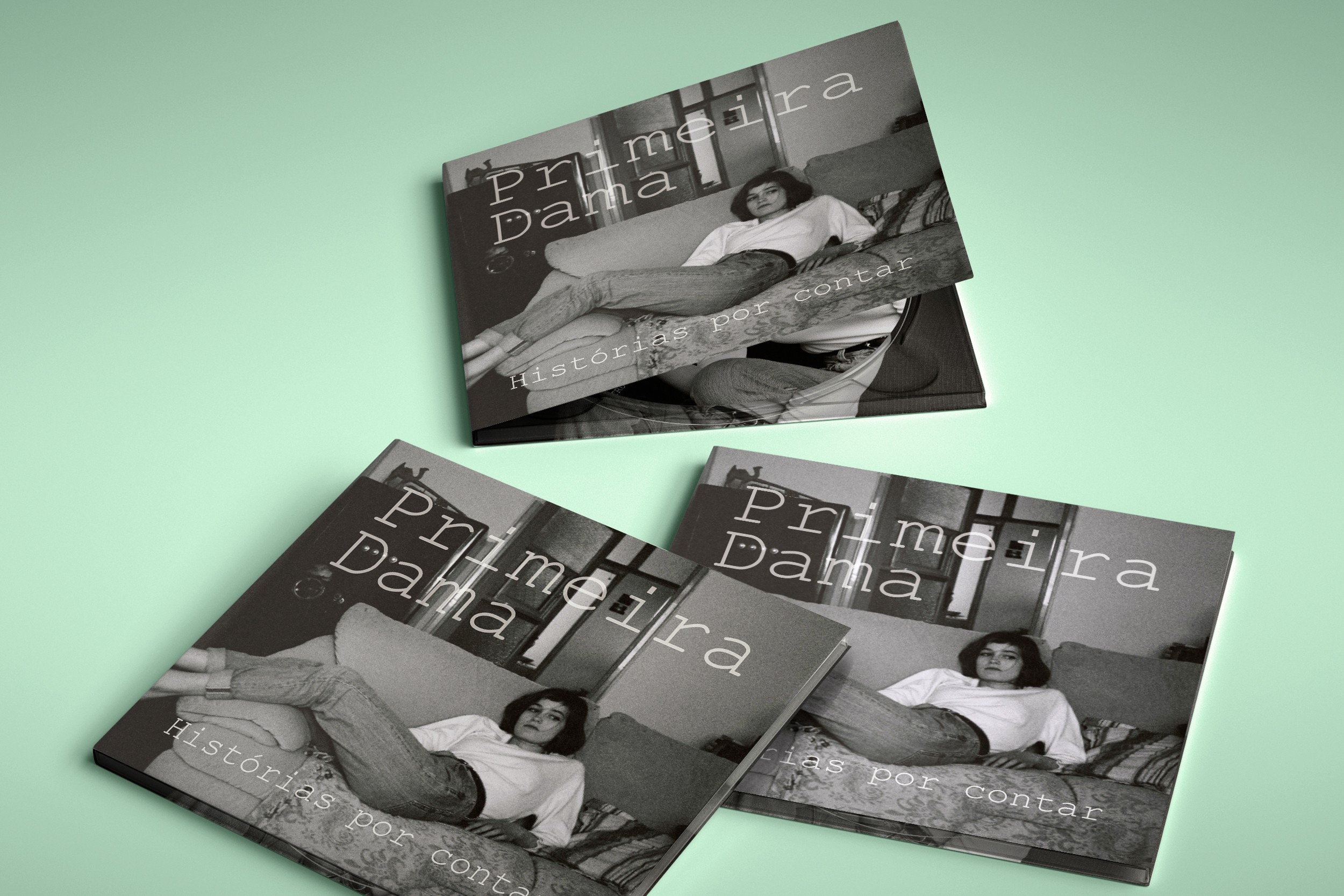 Physical CD packaging design for Primeira Dama’s EP Histórias por Contar, featuring nostalgic black and white photography and minimalist editorial typography.