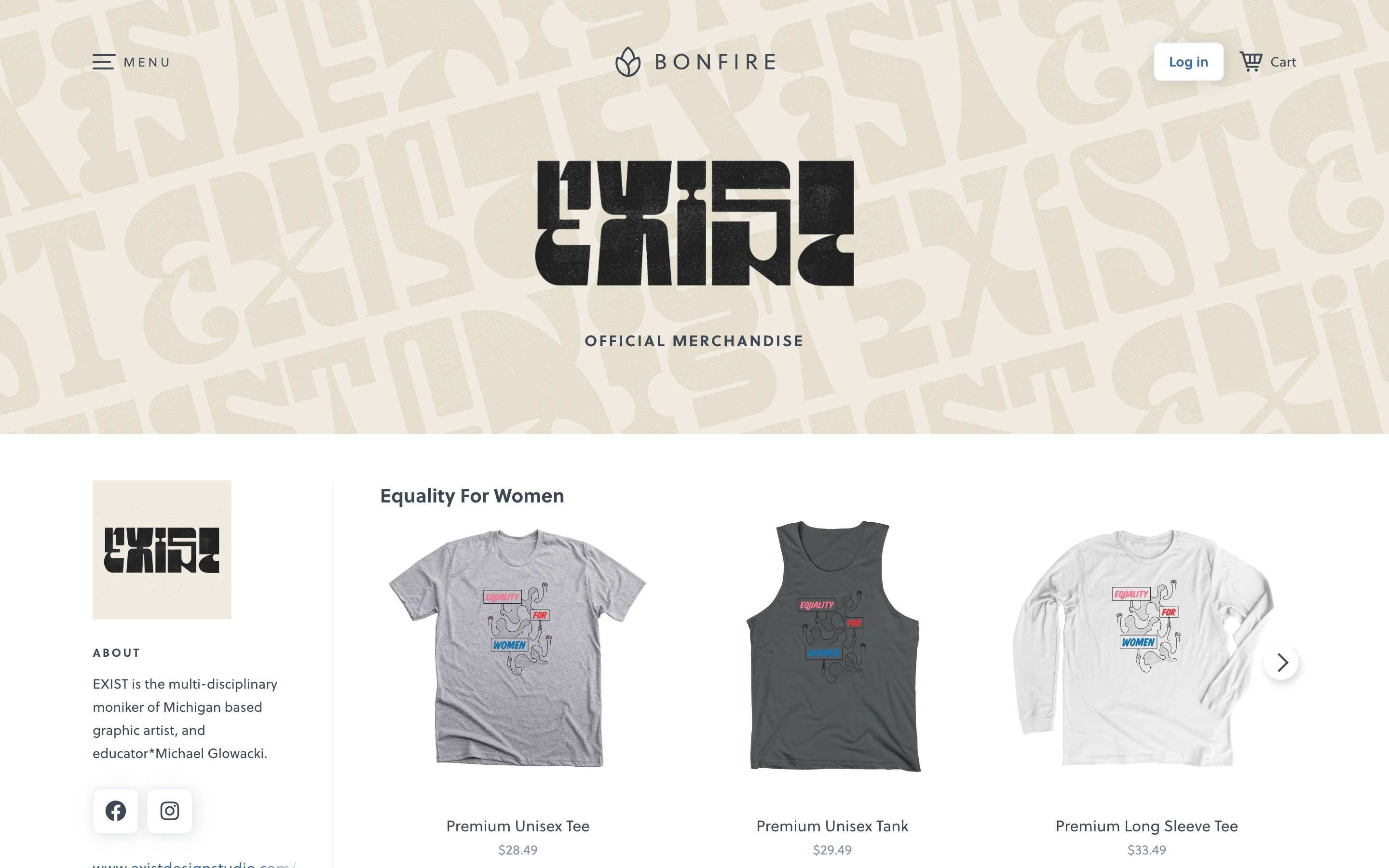 Official EXIST merchandise featuring "Equality For Women" t-shirts and tanks on Bonfire.