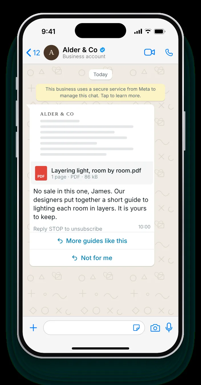 Something worth keeping, with no sale: WhatsApp re-engagement message on an iPhone