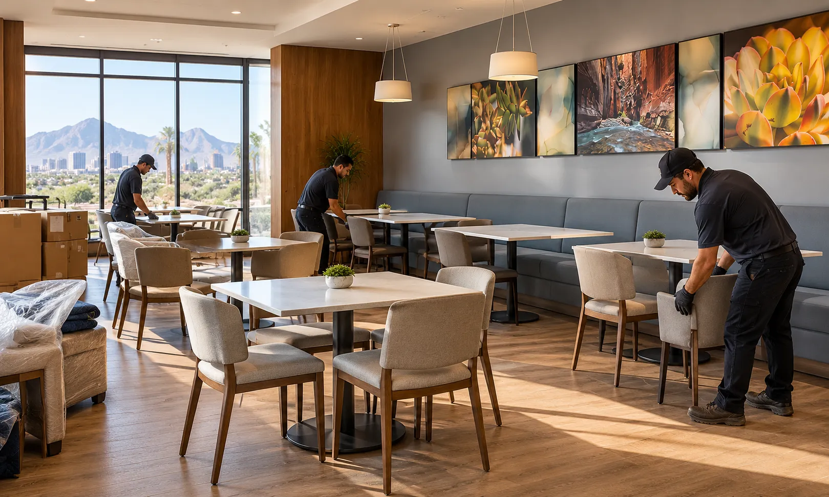 Professional FF&E installers setting up a modern office workspace in Phoenix, Arizona.